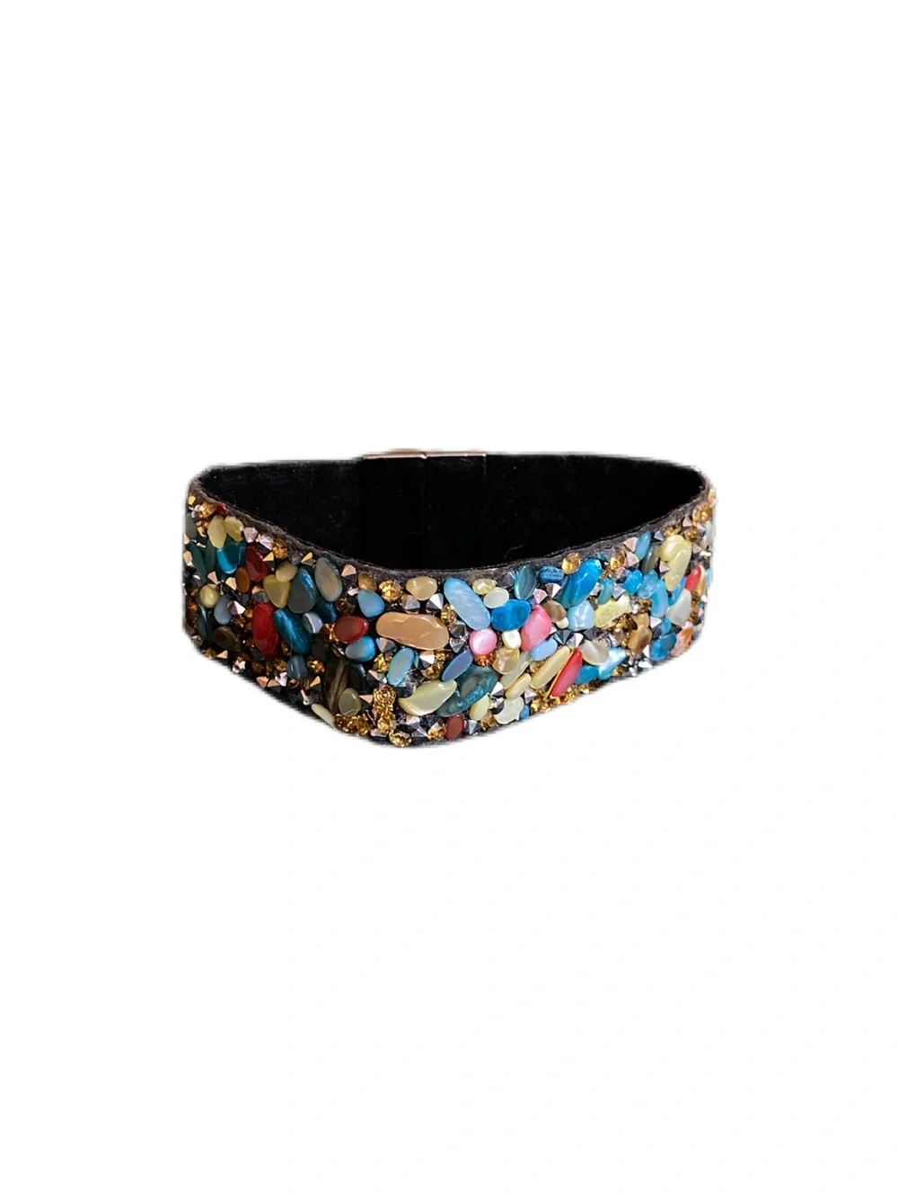 Wide Statement Cuff Bracelet with Multicolor Stone Chips & Rhinestones